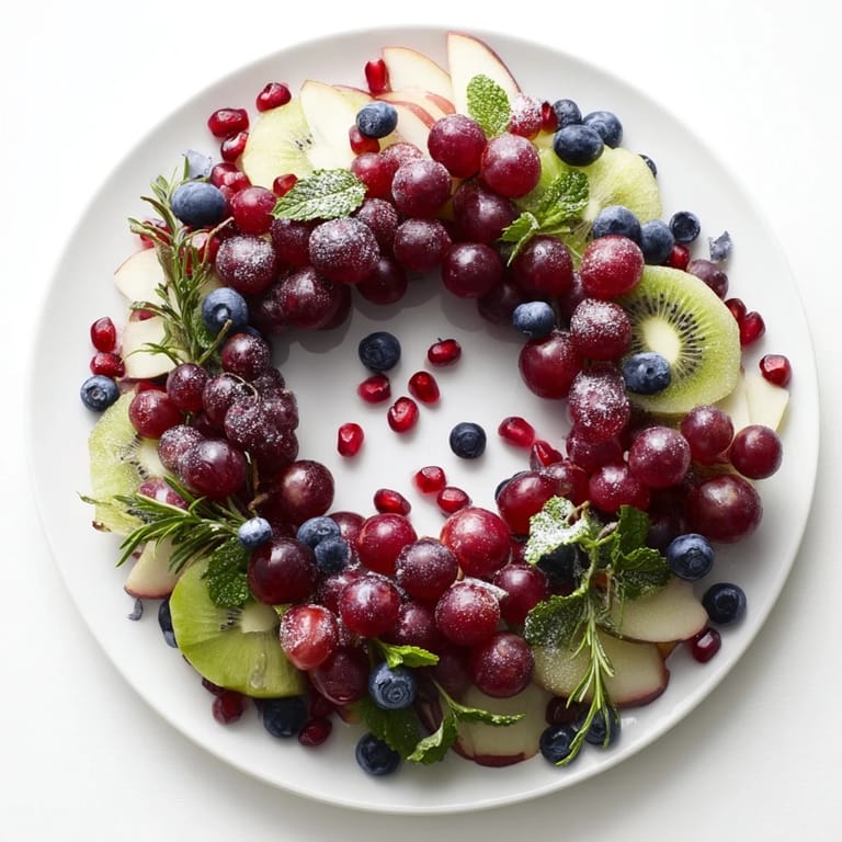 A beautiful holiday Winter Berry Wreath Fruit Board is brimming with colorful fresh fruits ready to enjoy.