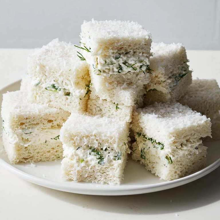 Close-up of fluffy Snowball Tea Sandwich Bites, coated in coconut, a delightful appetizer.