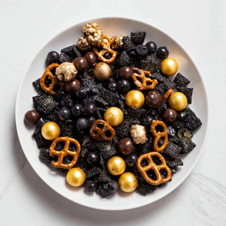 A festive bowl of Gold and Black Midnight Snack Mix, perfect for crunchy New Year's celebrations at home.
