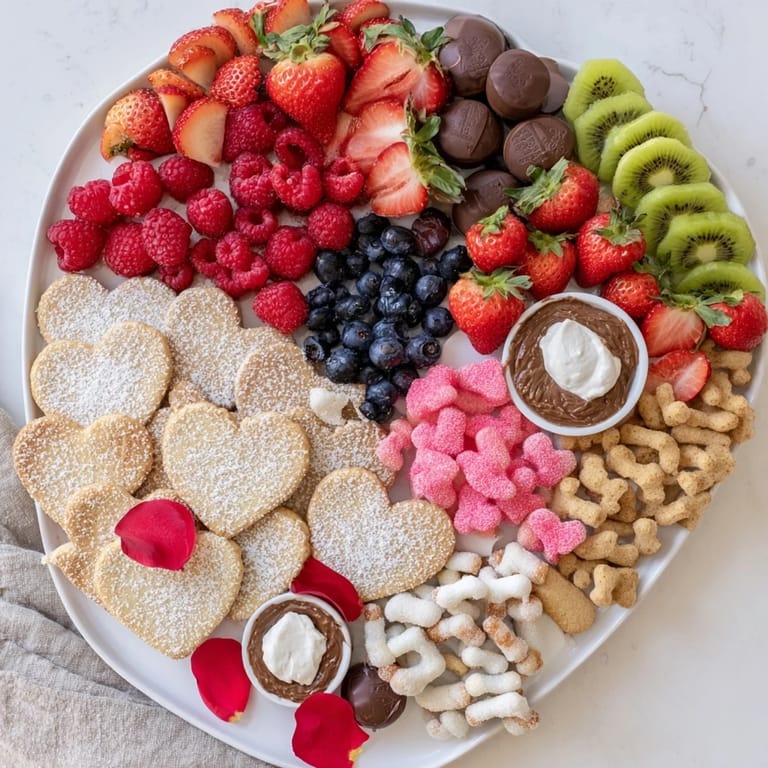 This romantic Love Letter Dessert Board displays a colorful arrangement of sweets and chocolates on a platter.