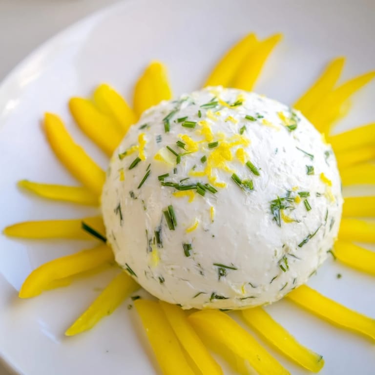 Freshly plated Tuscan Sunburst: Goat cheese circle encircled by beautiful yellow pepper strips and crunchy breadsticks.