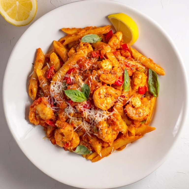 Spicy One-Pot Diavola Pasta with Shrimp, garnished with fresh basil and Parmesan cheese ready to enjoy.