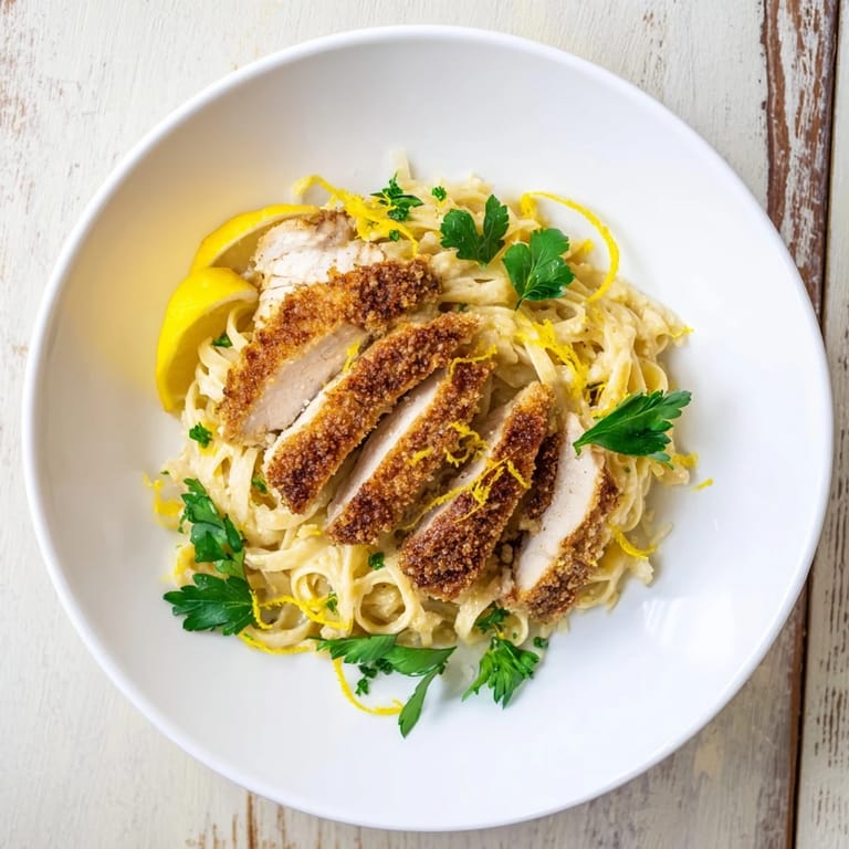 Sliced, golden chicken tops creamy pasta in this tempting photo of Pasta with Lemon Brûlée Chicken.