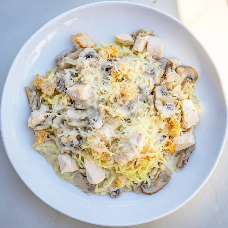 A warm, comforting casserole of Turkey Tetrazzini with pasta, mushrooms, and melted cheese, perfect for dinner.