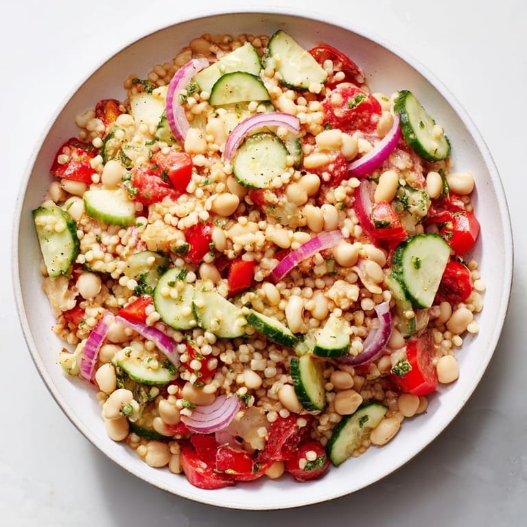 This hearty Dense Bean Salad with Prosciutto features a medley of beans and fresh ingredients, ready to enjoy.