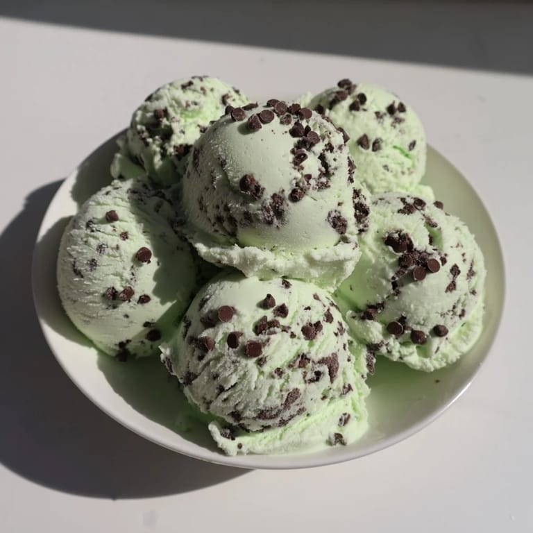 A close-up of mint chocolate chip ice cream, perfect textured bite with visible chips inside.