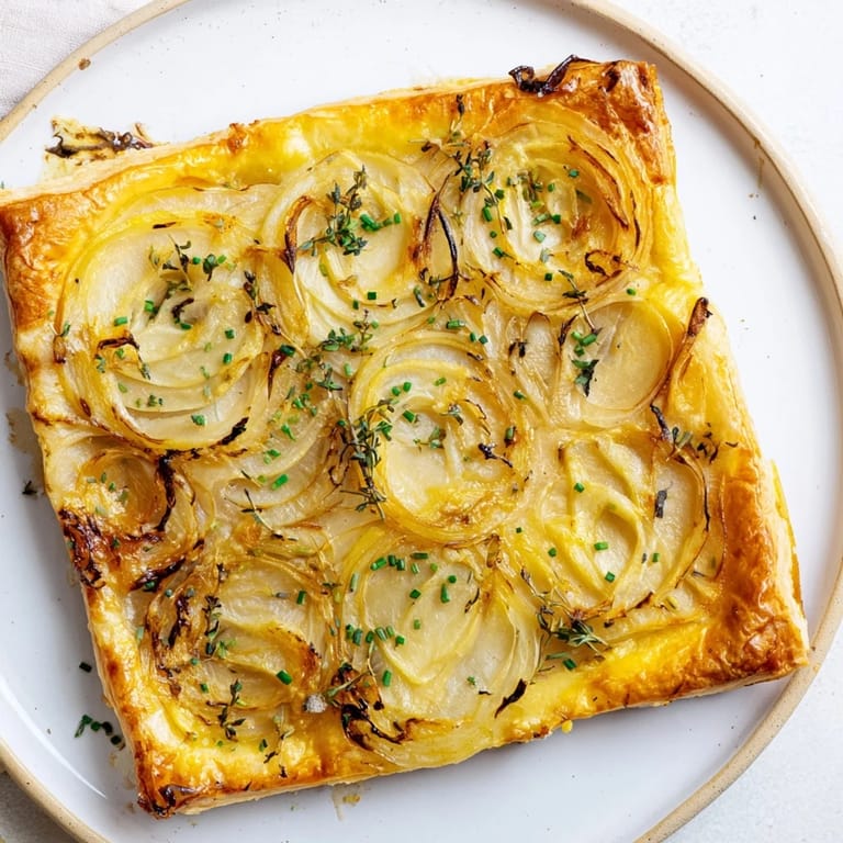 Warm, rustic Caramelized Onion Tart, showcasing sweet onions and Gruyère cheese topping.