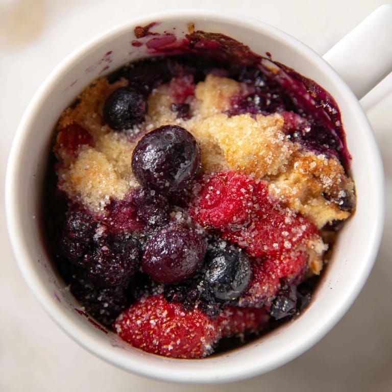 Enjoy a single-serve Mixed Berry Cobbler Mug Cake; a dessert perfectly cooked in the microwave.