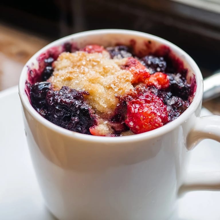 Imagine a close-up of this Mixed Berry Cobbler Mug Cake, bursting with colorful, sweet berries.