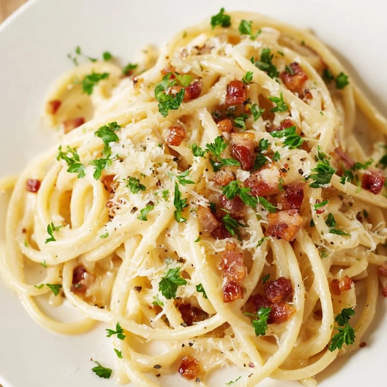 Close-up of savory creamy garlic bacon pasta, showcasing the rich sauce and perfectly cooked spaghetti.