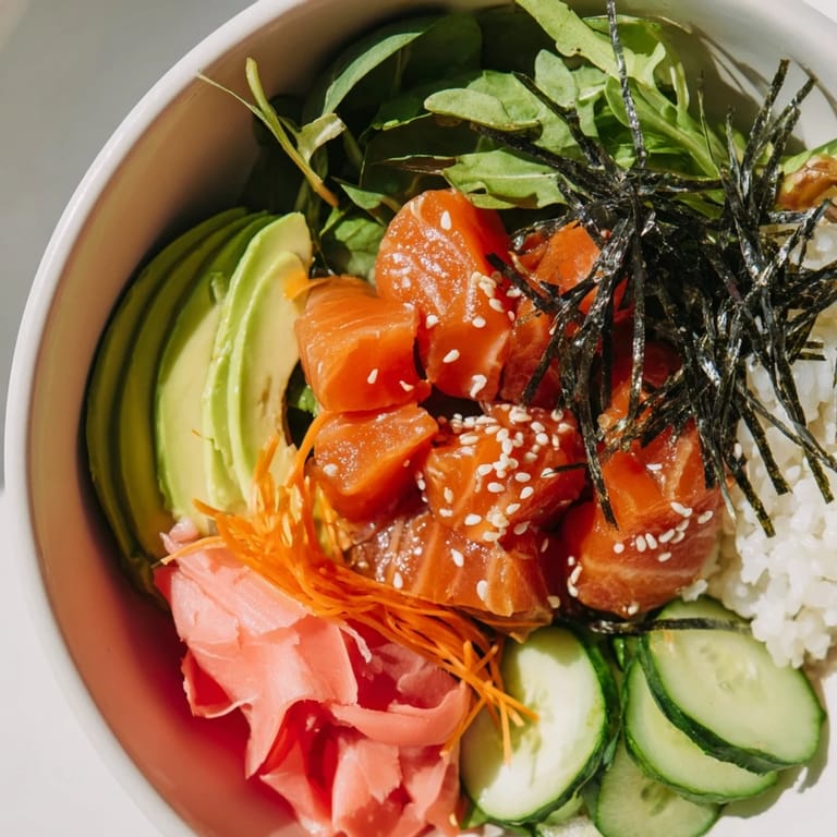 This tantalizing photo shows a delicious Poke Bowl Salad, ready to eat with sesame seeds and nori.