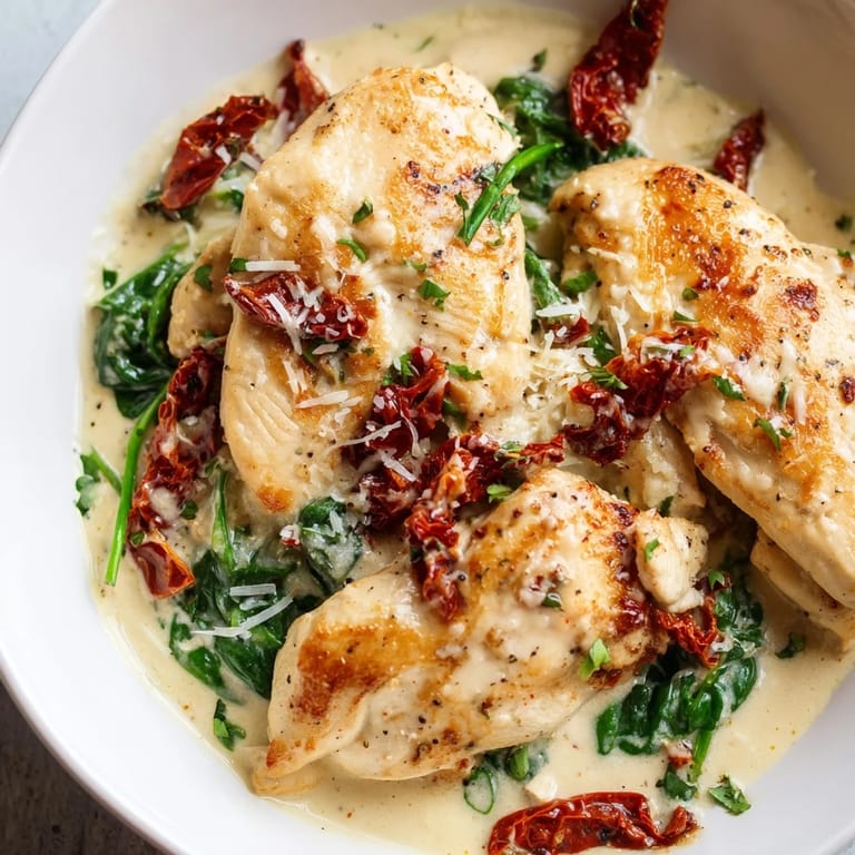 Close-up of Creamy Tuscan Chicken: tender chicken, sun-dried tomatoes, and creamy sauce, perfect recipe.