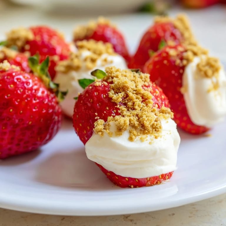 Bite-sized Cheesecake Stuffed Strawberries arranged on a platter, ready to serve and bursting with sweet, tangy flavor.