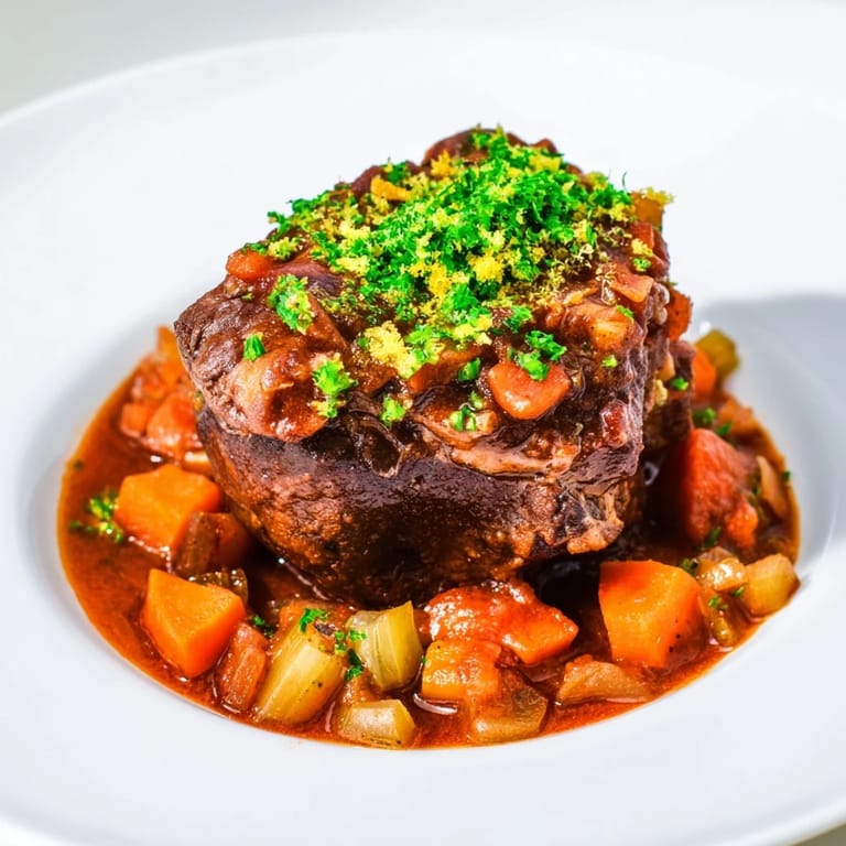 A close-up of richly sauced Osso Buco; the braised veal shanks look incredibly inviting.