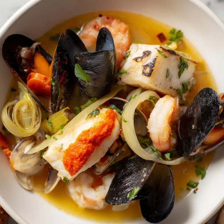 Fragrant bouillabaisse; a close-up of the French fish stew with mussels, bread, and rouille.