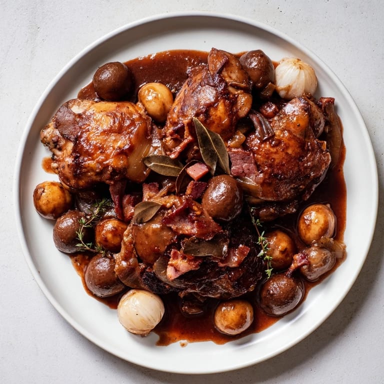 Hearty Coq au Vin with mushrooms and bacon, a classic French comfort food dish.