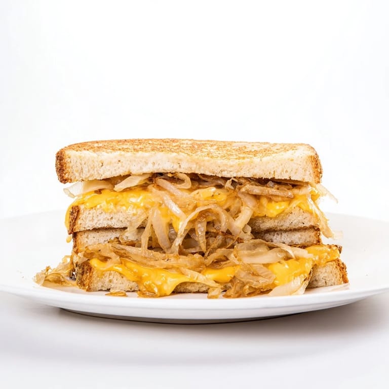 Close-up of a perfectly cooked Crispy Onion Grilled Cheese, showcasing crispy onions and gooey cheese.