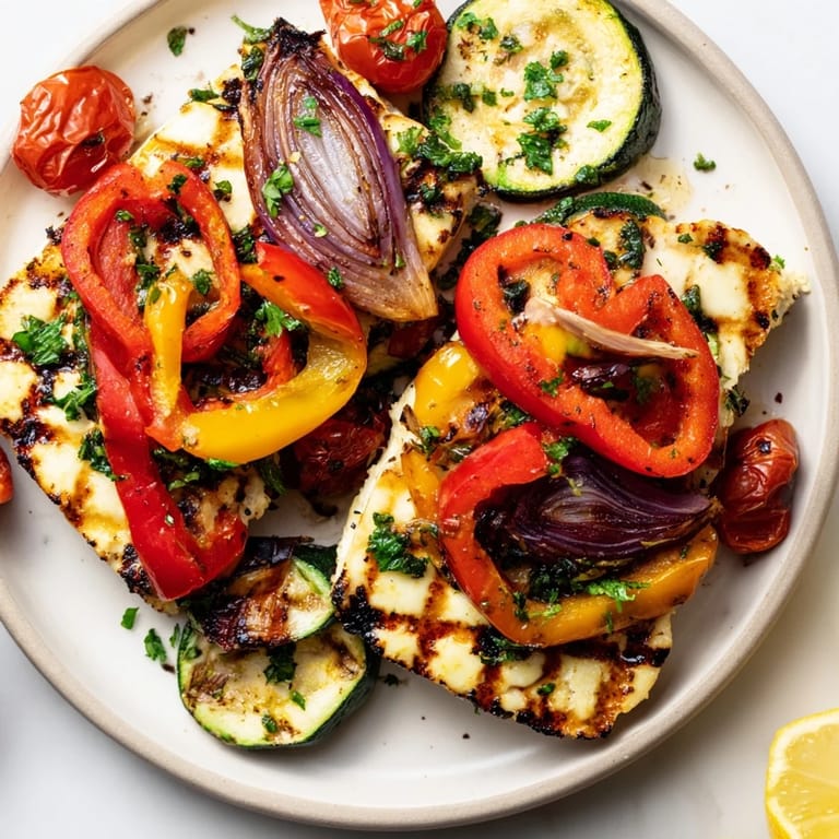 A deliciously grilled Grilled Halloumi Cheese Steak alongside colorful, charred peppers and zucchini for dinner.