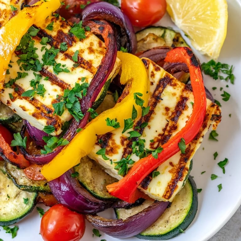 Enjoy a tempting close-up of a flavorful Grilled Halloumi Cheese Steak, drizzled with olive oil and fresh herbs.