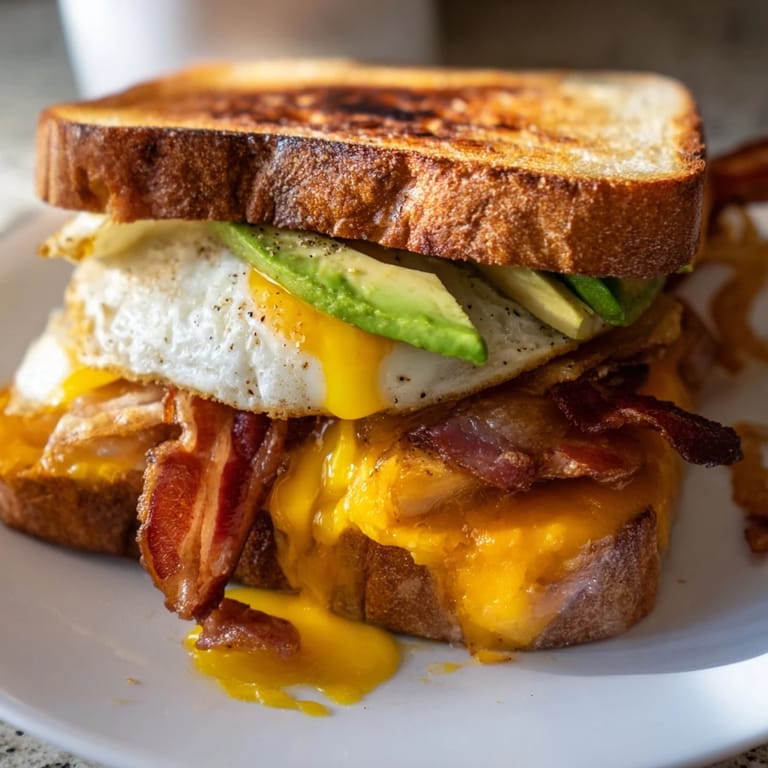 Golden-brown, delicious Loaded Breakfast Sandwich, stacked high for a satisfying American breakfast feast.