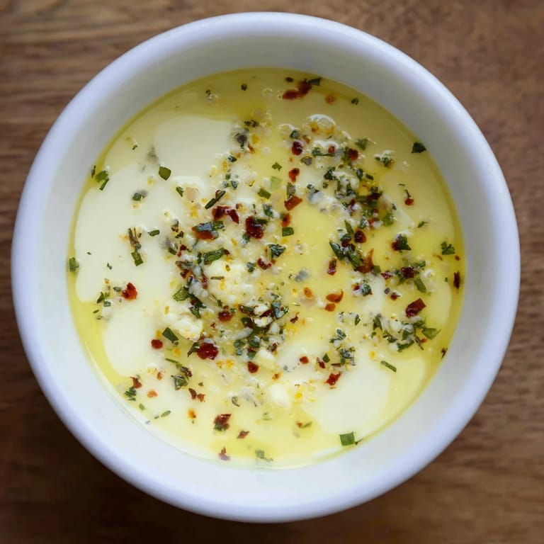 Close-up of creamy Cowboy Butter Sauce, speckled with herbs and spices ready to elevate your meal.