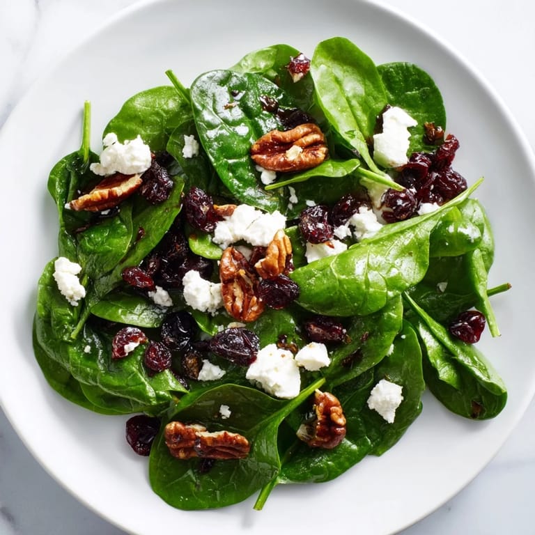 A close-up of the spinach goat cheese salad, showcasing creamy goat cheese crumbles and glossy candied pecans on a fresh bed of tender greens.  