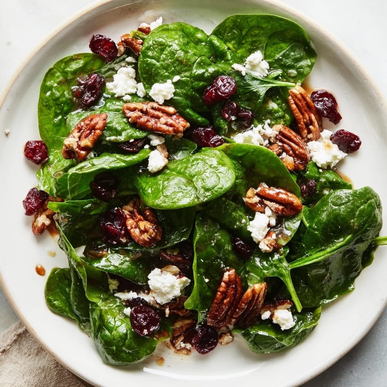 Overhead view of a vibrant spinach goat cheese salad with colorful cranberries and crunchy pecans, ready to serve as a light lunch.