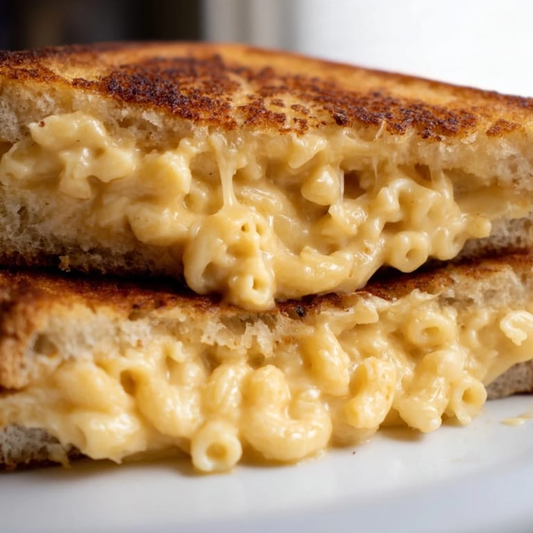 Aerial view of a Mac & Cheese Grilled Cheese on a rustic plate with a bowl of tomato soup, perfect for a cozy comfort food meal.