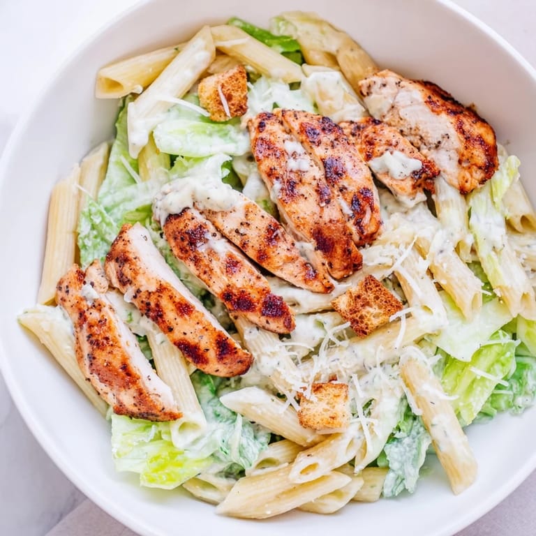 Golden grilled chicken tops a vibrant Caesar Pasta Chicken Bowl with cherry tomatoes, romaine, croutons, and Parmesan.  
