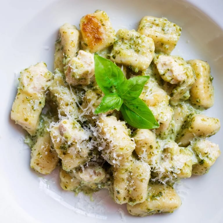 Overhead view of Creamy Pesto Gnocchi with Chicken, a comforting Italian-inspired dish perfect for weeknights, with steam rising from the creamy basil pesto sauce.