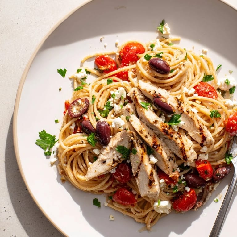 A vibrant bowl of Greek Chicken Spaghetti with crumbled feta, red onion, and fresh parsley garnish.  