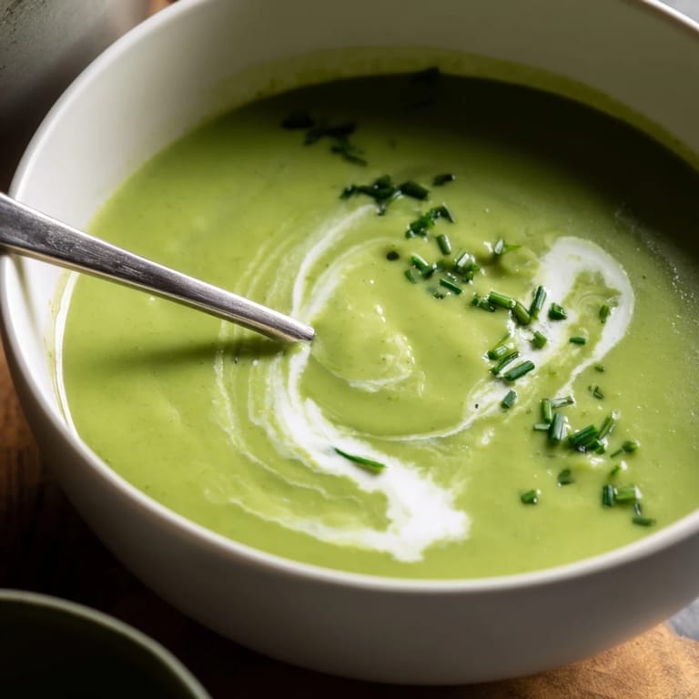 A hearty bowl of Creamy Broccoli Soup, blending tender broccoli florets and carrots, served with a side of crusty artisan bread.  