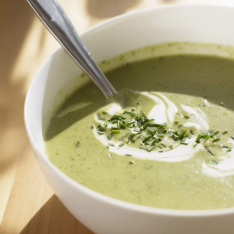 Warm Creamy Broccoli Soup with a velvety smooth texture, drizzled with olive oil and freshly cracked black pepper.