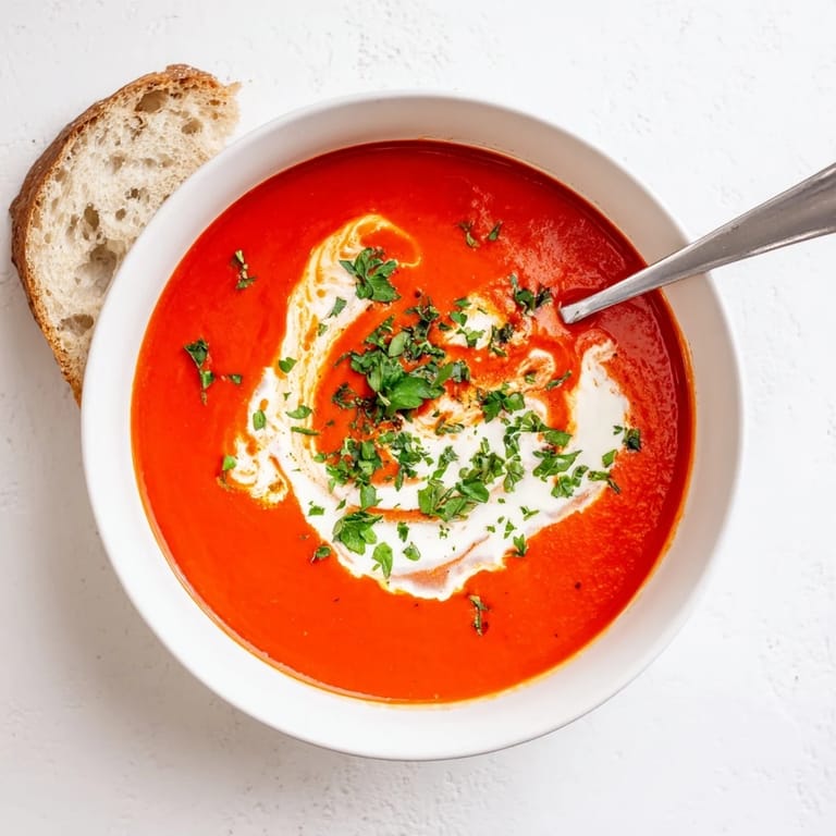 Smooth, vibrant roasted red pepper soup served in a rustic mug, with a swirl of creamy yogurt and a sprig of parsley.  
