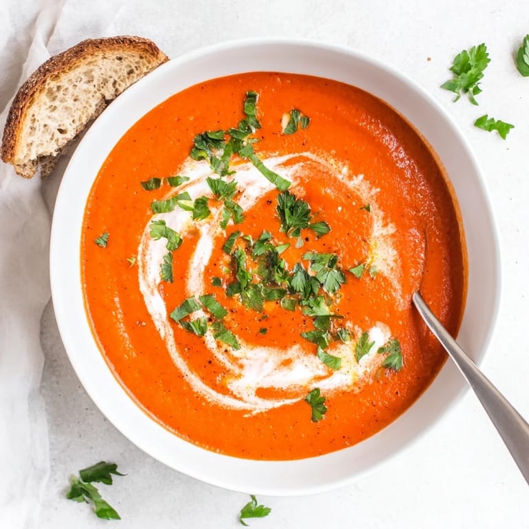 Homemade roasted red pepper soup with charred peppers and caramelized garlic, ready to enjoy with a slice of bread.
