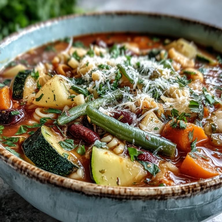 Close-up of Minestrone Vegetable Soup with tender vegetables, cannellini beans, and ditalini pasta in a rich tomato broth.