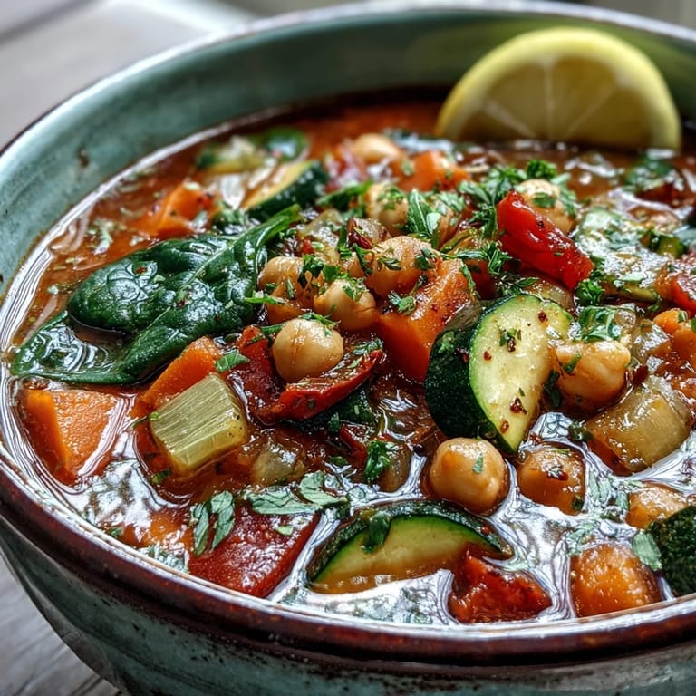 Freshly cooked Chickpea Stew served in a rustic bowl, topped with parsley and bright lemon wedges for squeezing.
