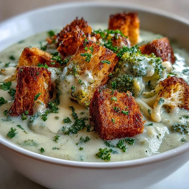 Spoon-ready Cauliflower and Broccoli Soup served hot, featuring tender broccoli florets and crunchy, garlic-seasoned croutons for texture.
