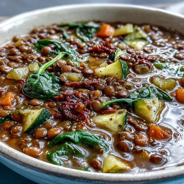 Served in a rustic white bowl, this Lentil Soup is garnished with fresh parsley and lemon wedges.