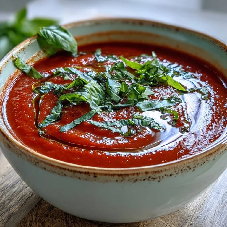 Silky smooth Tomato and Basil Soup served in a rustic bowl alongside crusty artisan bread for dipping.