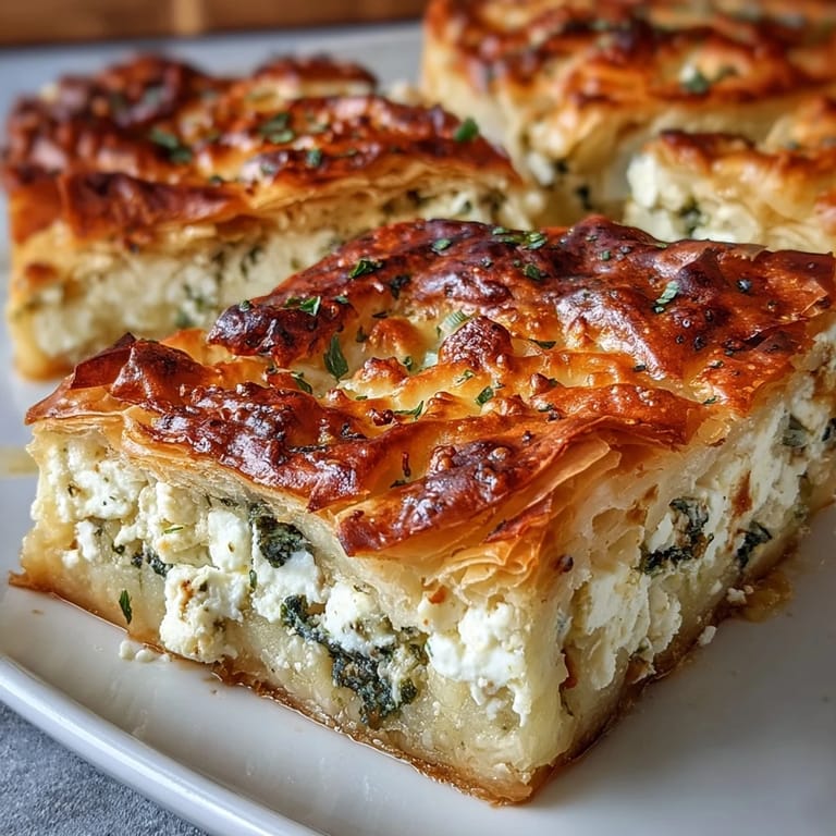 A slice of savory Turkish-inspired Feta and Kale Börek being lifted from the pan, revealing layers of crisp filo pastry and a hearty, vegetarian filling.