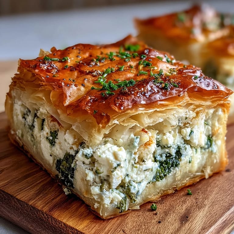 Overhead view of a freshly baked Feta and Kale Börek in a ceramic pie dish, garnished with fresh dill and ready to serve for lunch.