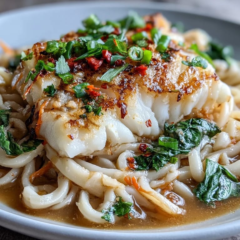 A close-up of a comforting bowl of poached cod with spiced coconut broth, udon noodles, and vibrant toppings.