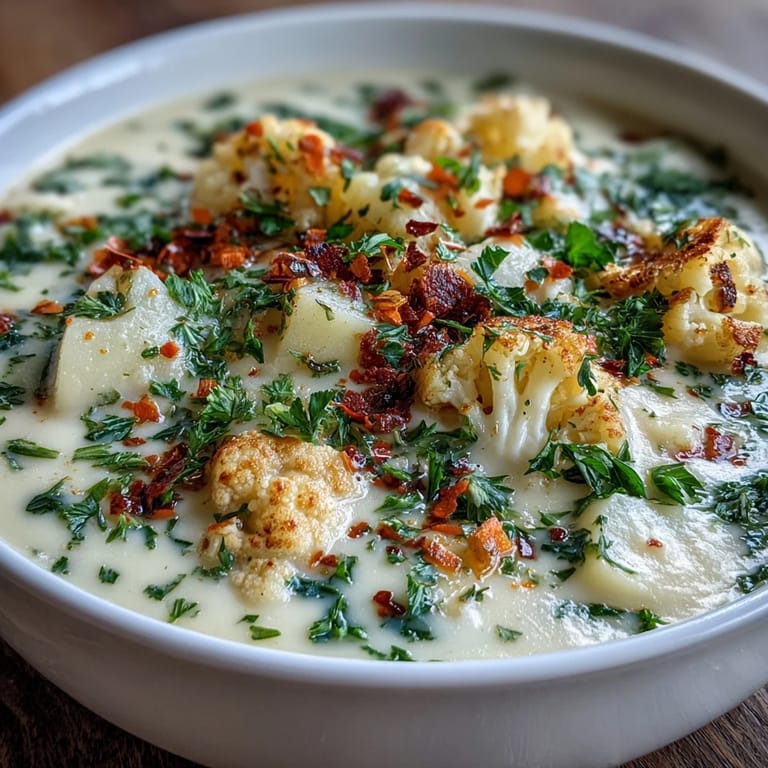 Comforting, dairy-free Vegetarian Cauliflower Chowder made with plant-based milk, topped with a sprinkle of smoked paprika and fresh herbs.