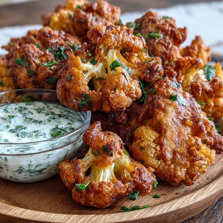 Spiced Cauliflower Bhajis fritters arranged with a creamy yogurt dip and fresh herbs.