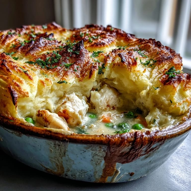 A warm slice of Curried Fish Pie, rich with turmeric and mild curry powder, served alongside fresh peas and a glass of chilled white wine.