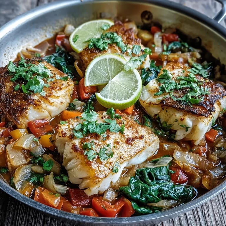 A close-up of tender spiced cod bathed in a rich, tomato-based broth with wilted spinach and colorful bell peppers, perfect for a quick, flavorful weeknight dinner.  