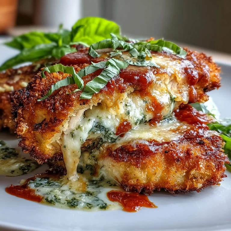 Fresh basil garnish crowns this baked Pesto Chicken Parmesan, served hot alongside spaghetti and garlic bread.
