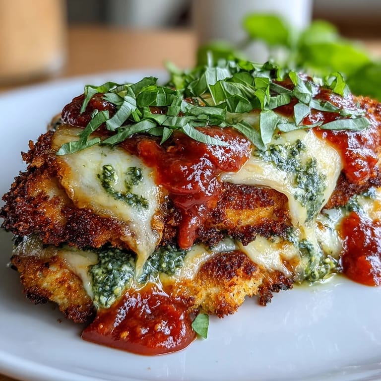 A slice of savory Pesto Chicken Parmesan reveals juicy chicken, vibrant green pesto, and rich red marinara sauce.