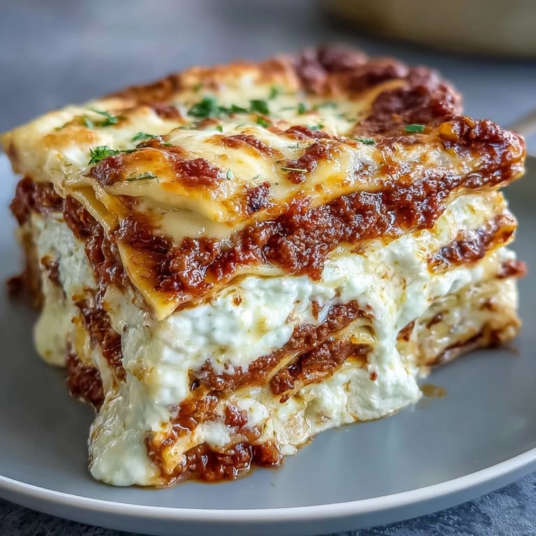 Close-up view of Worlds Best Lasagna with bubbling mozzarella topping, served beside a fresh green salad.